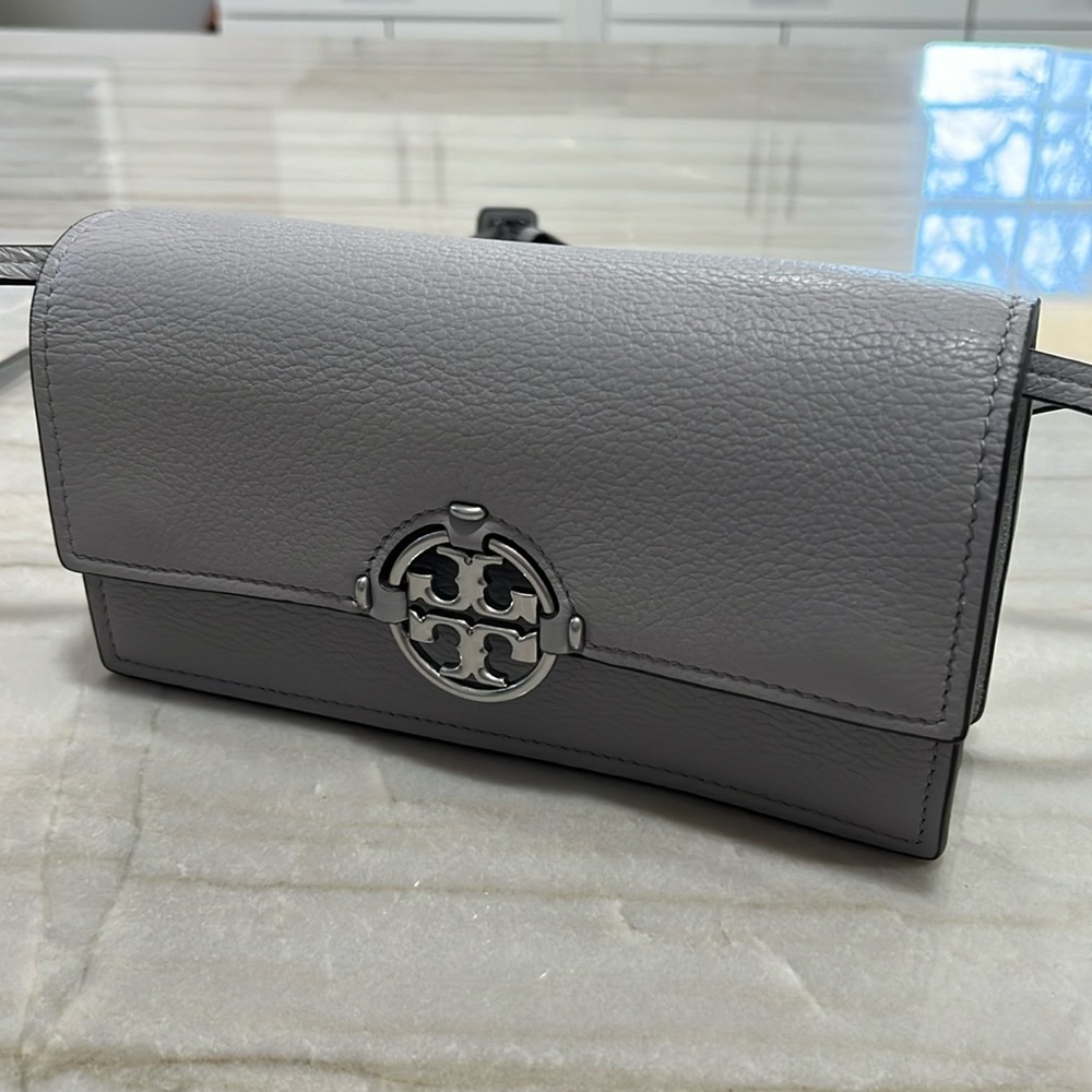 Tory Burch light grey clutch with removal crossbody strap